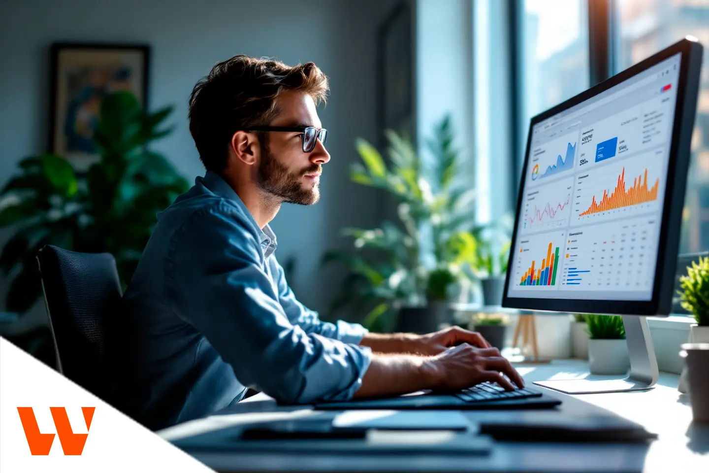 Homem trabalhando em frente ao computador com gráficos de marketing digital