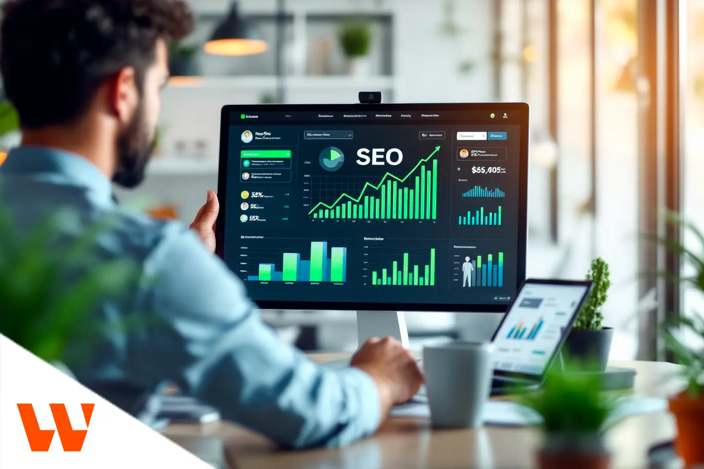 Profissional analisando métricas de SEO em dashboard digital no computador, com gráficos de crescimento e relatórios de desempenho