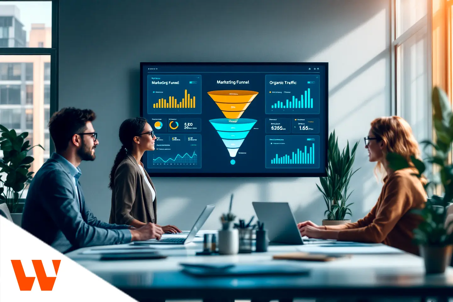 Profissionais analisando funil de marketing e métricas de tráfego em uma reunião corporativa