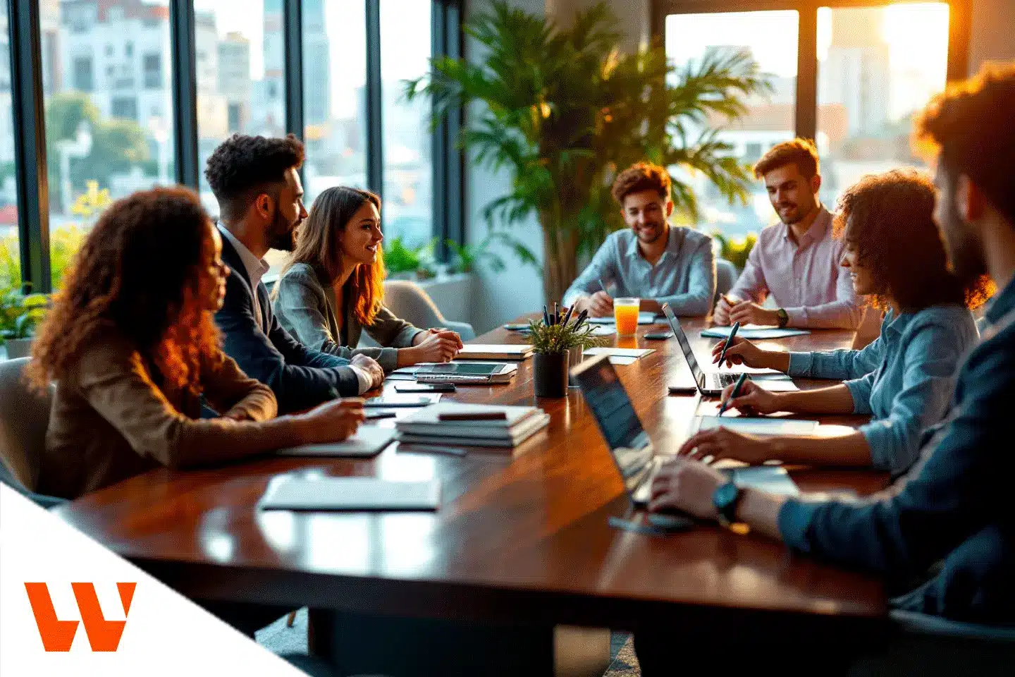 Grupo de profissionais em reunião de equipe em sala de conferência iluminada, com logotipo em destaque no canto