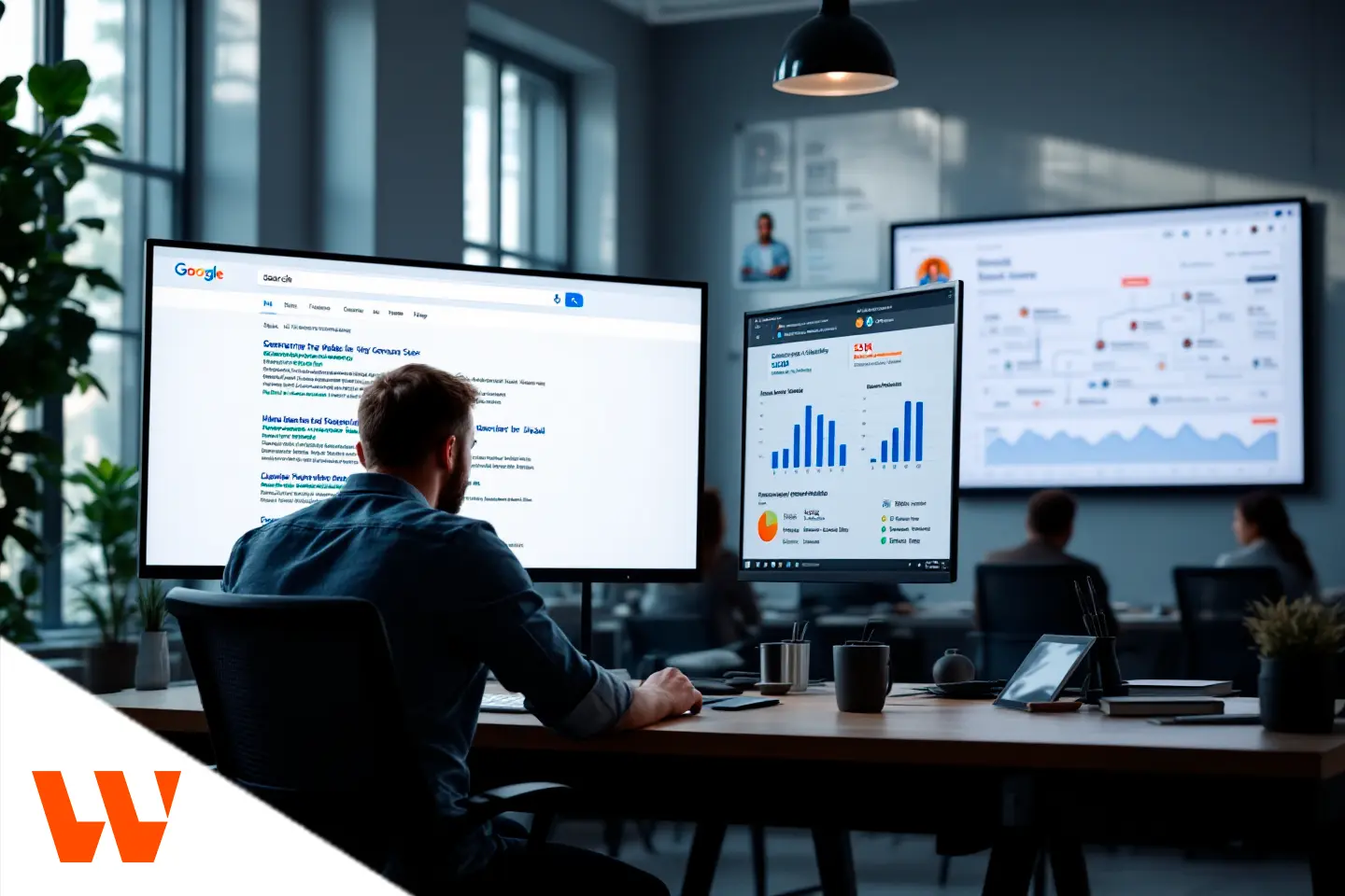 Especialista em SEO analisando resultados de pesquisa e relatórios de tráfego orgânico em múltiplas telas