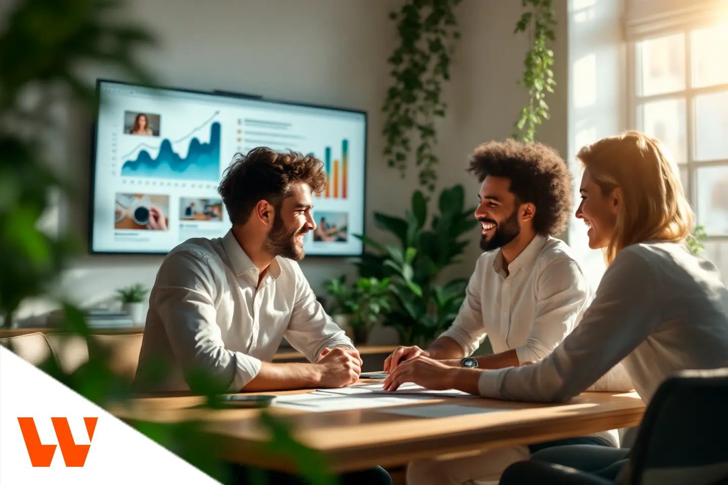 Equipe em reunião analisando gráficos e estratégias de crescimento em ambiente colaborativo