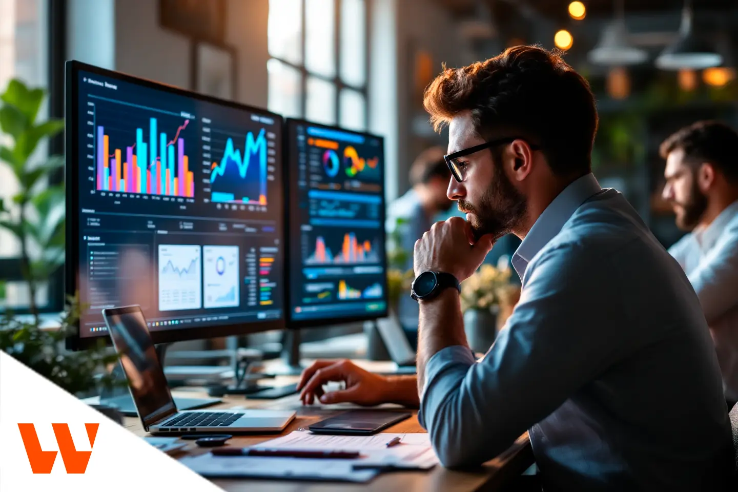 Profissional analisando gráficos de desempenho em múltiplos monitores em ambiente corporativo