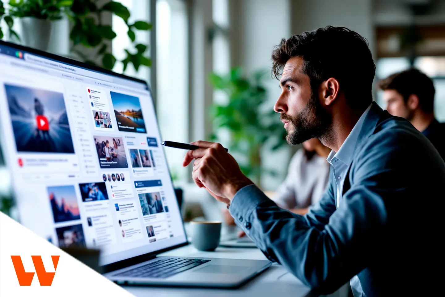 Profissional analisando campanhas e conteúdos digitais em grande monitor