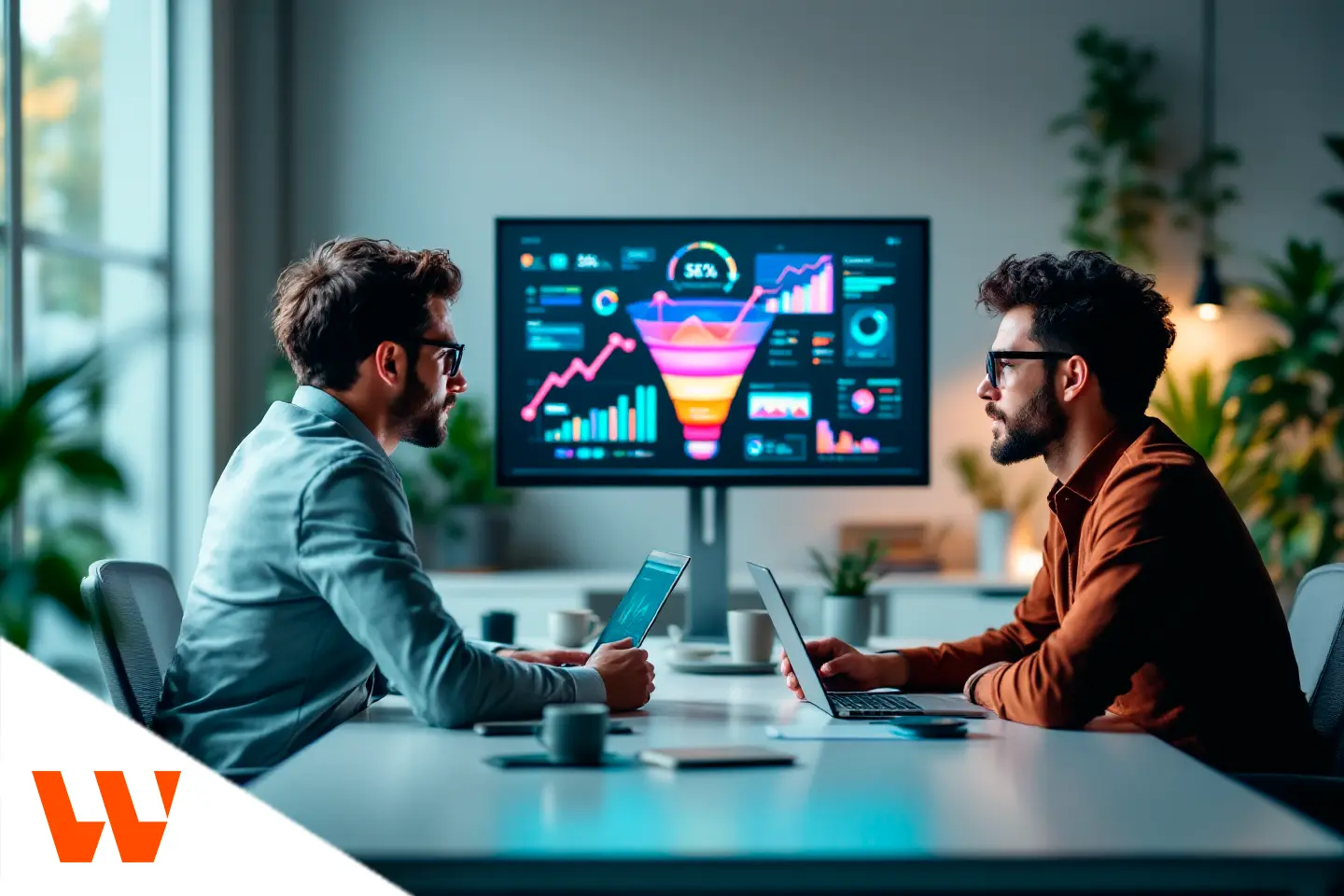 Dois profissionais analisando funil de vendas e métricas de desempenho em tela digital