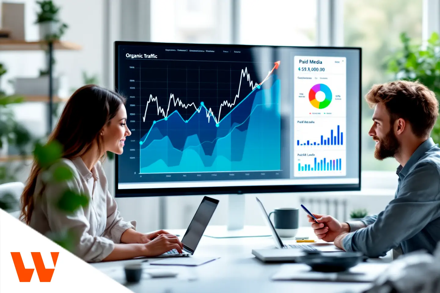 Profissionais analisando gráficos de tráfego orgânico e pago em tela digital durante reunião estratégica