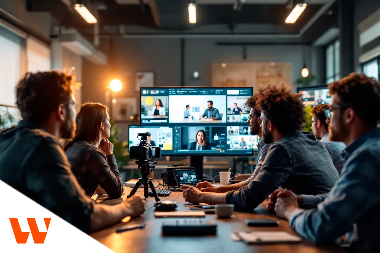 Grupo de profissionais assistindo videoconferência com câmeras e monitores no escritório