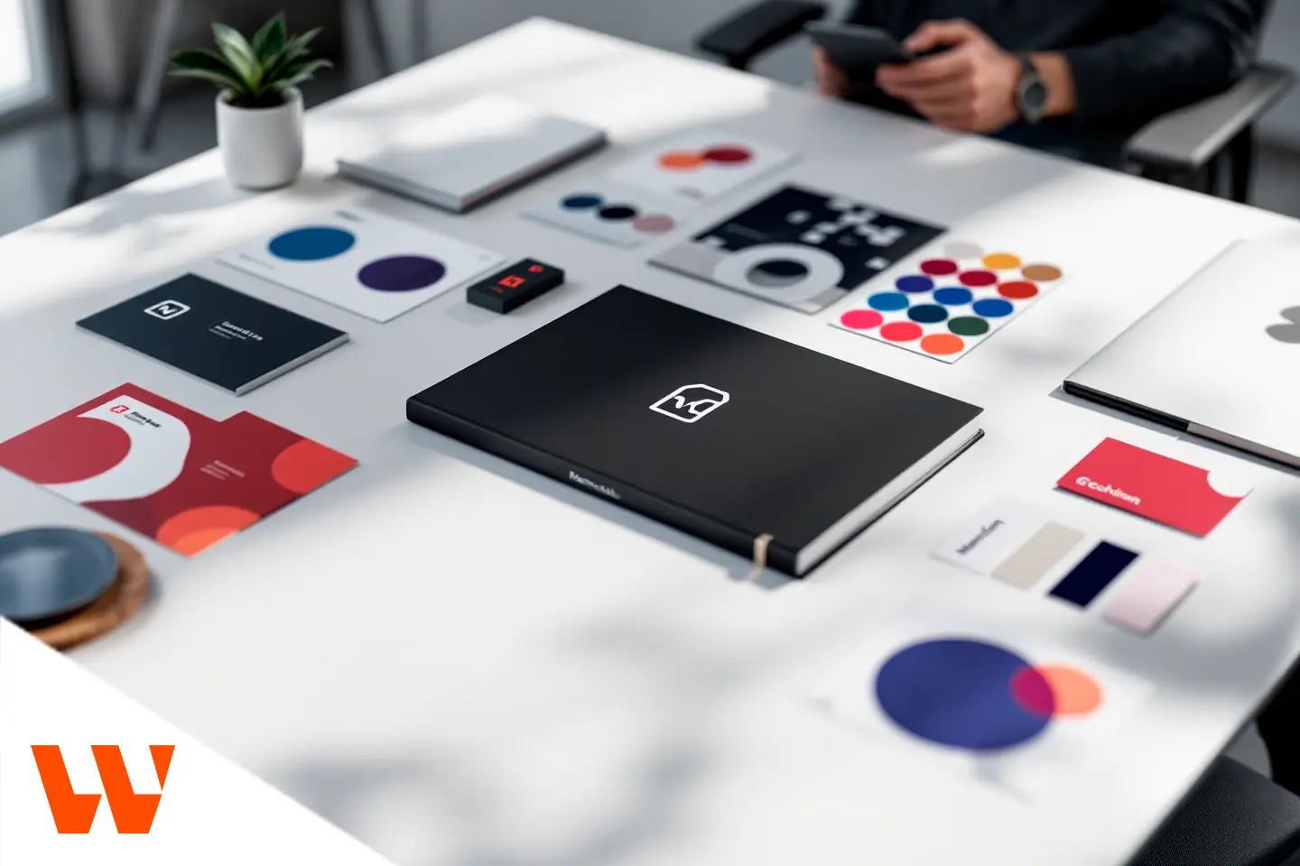Materiais de identidade visual organizados sobre mesa com logotipo, cartões e paleta de cores.