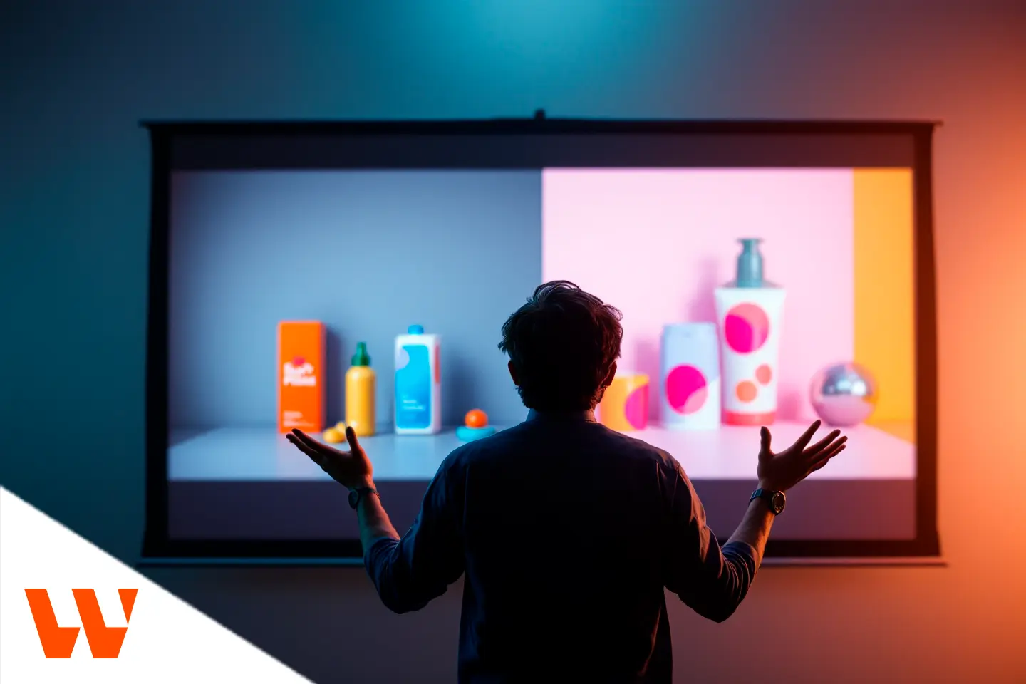 Profissional apresentando conceitos de design de embalagens coloridas projetadas em uma tela de apresentação