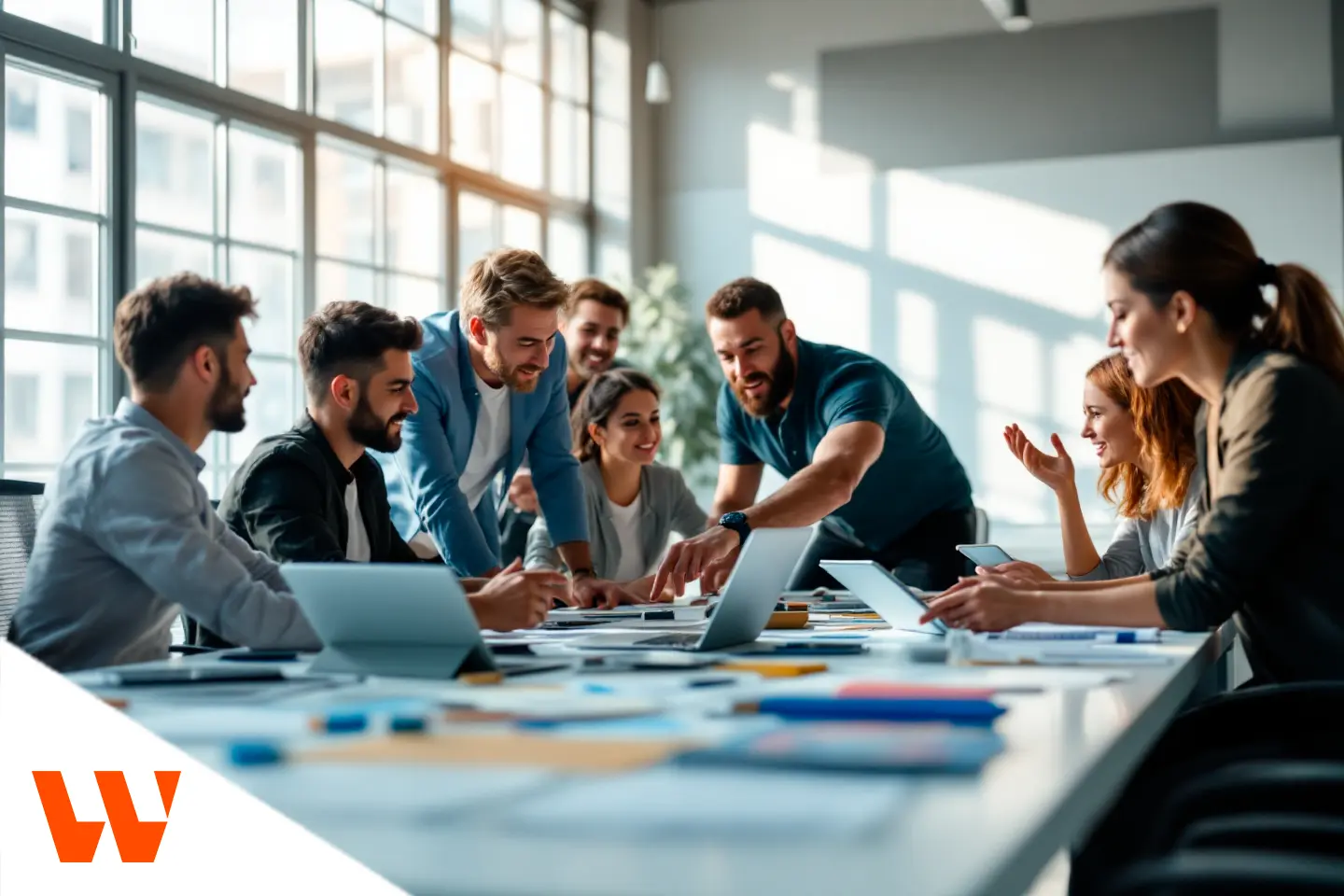 Equipe de profissionais reunida em mesa de escritório colaborativo, discutindo estratégias e projetos de negócios.