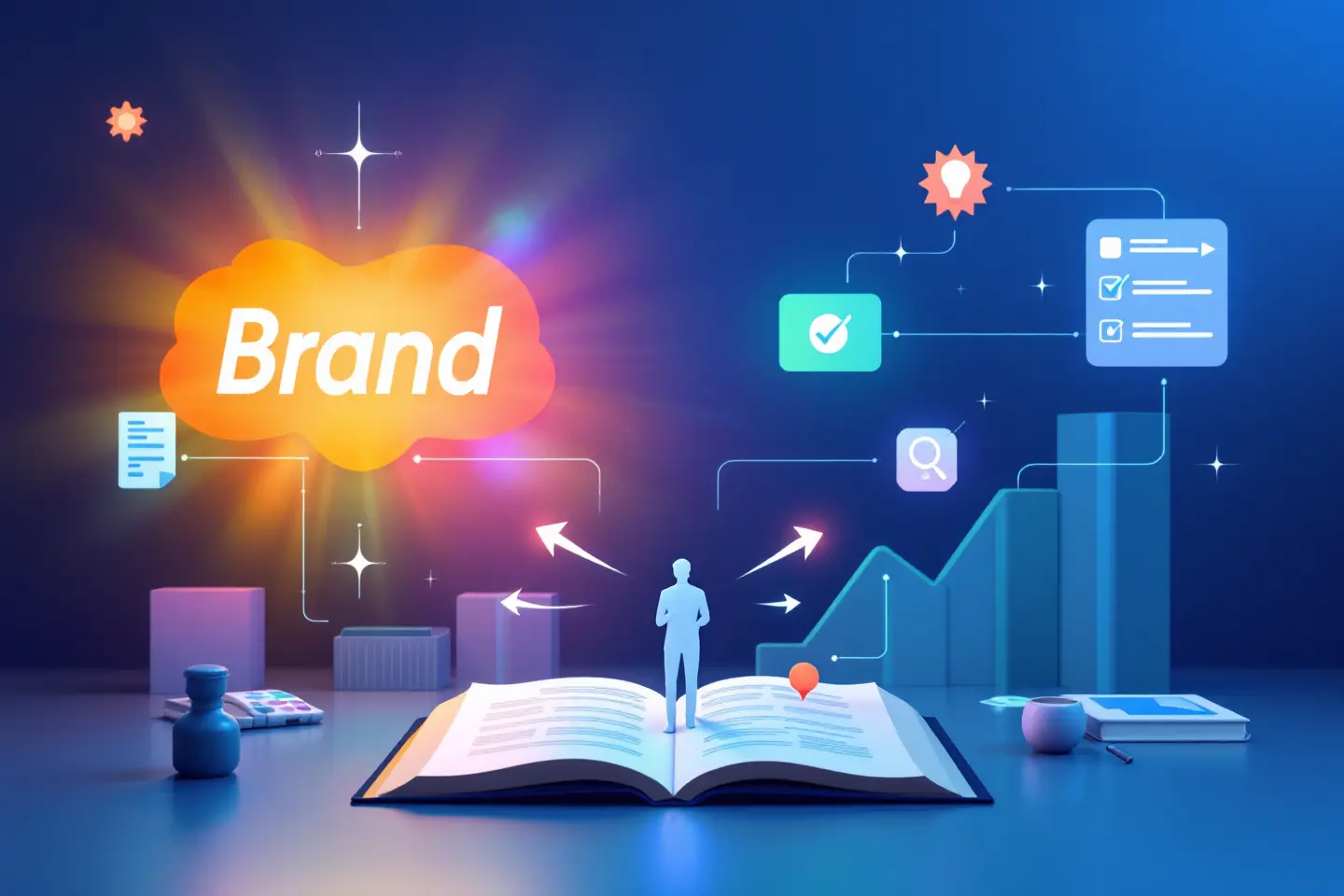 livro com holografia da palavra Brand e ícones de comunicação
