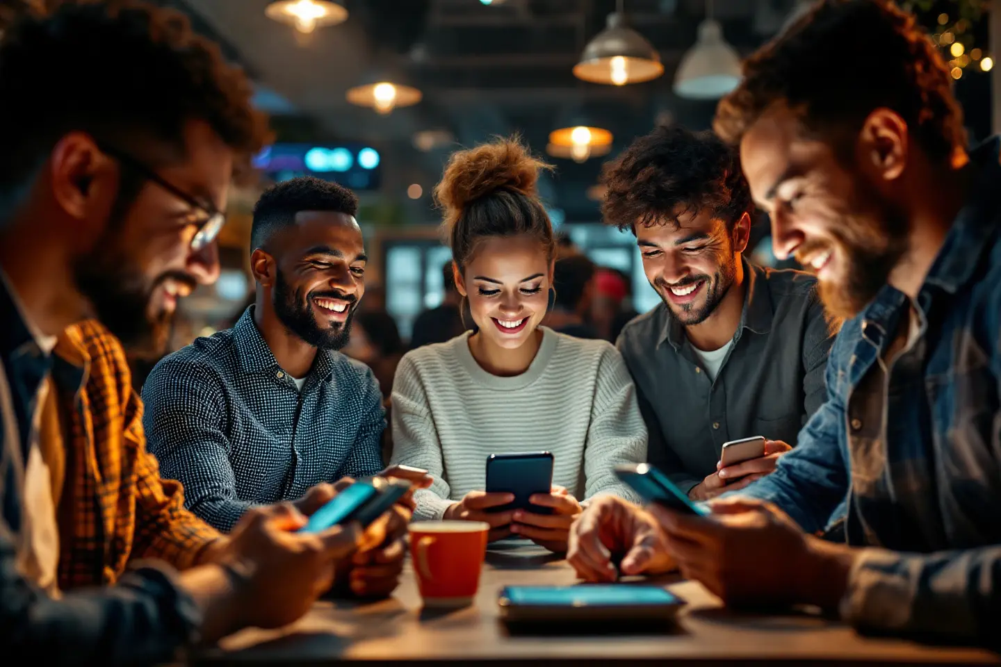 Grupo de jovens sorrindo e interagindo com celulares em ambiente moderno