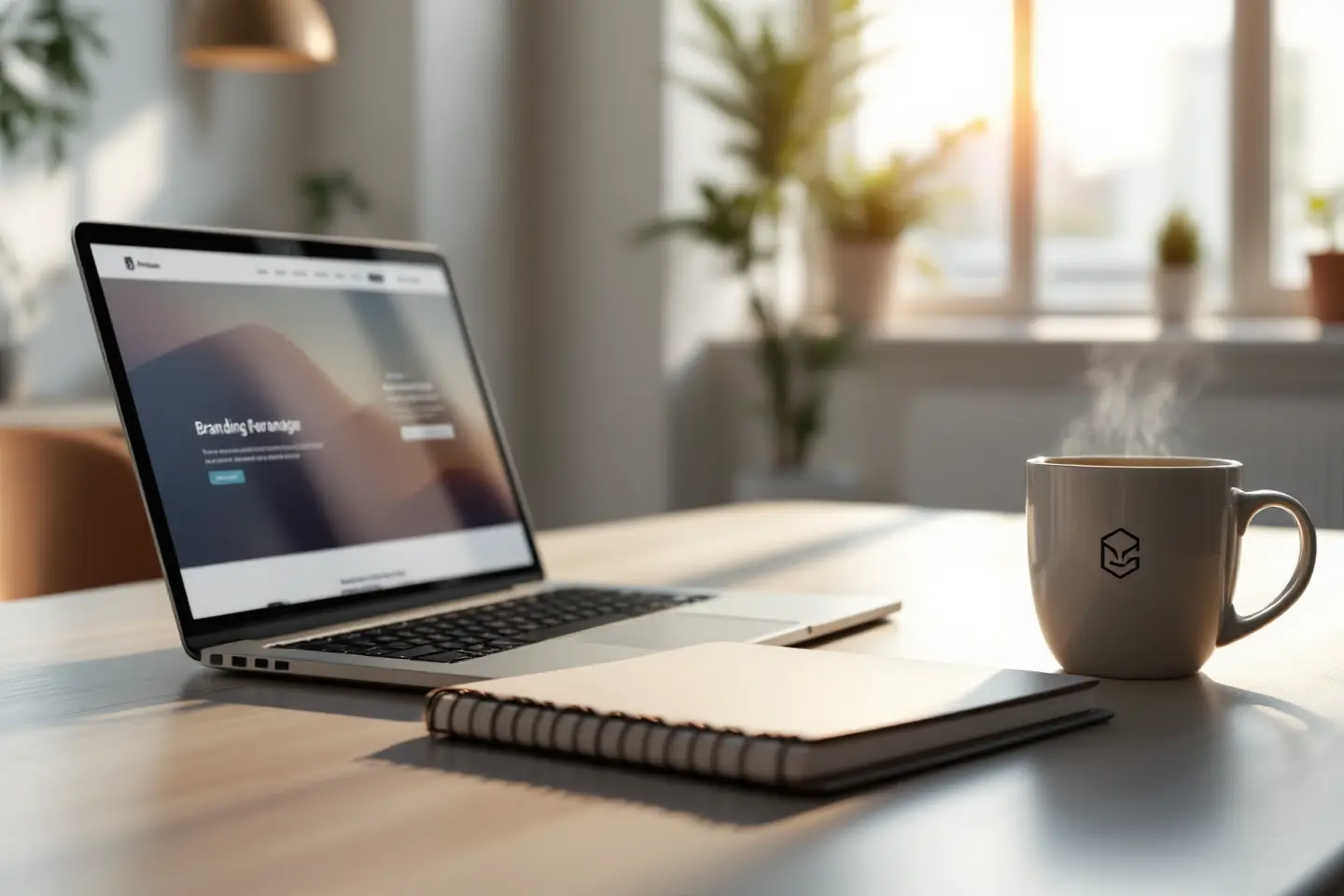 Notebook aberto em mesa de escritório com site de branding na tela e xícara de café ao lado