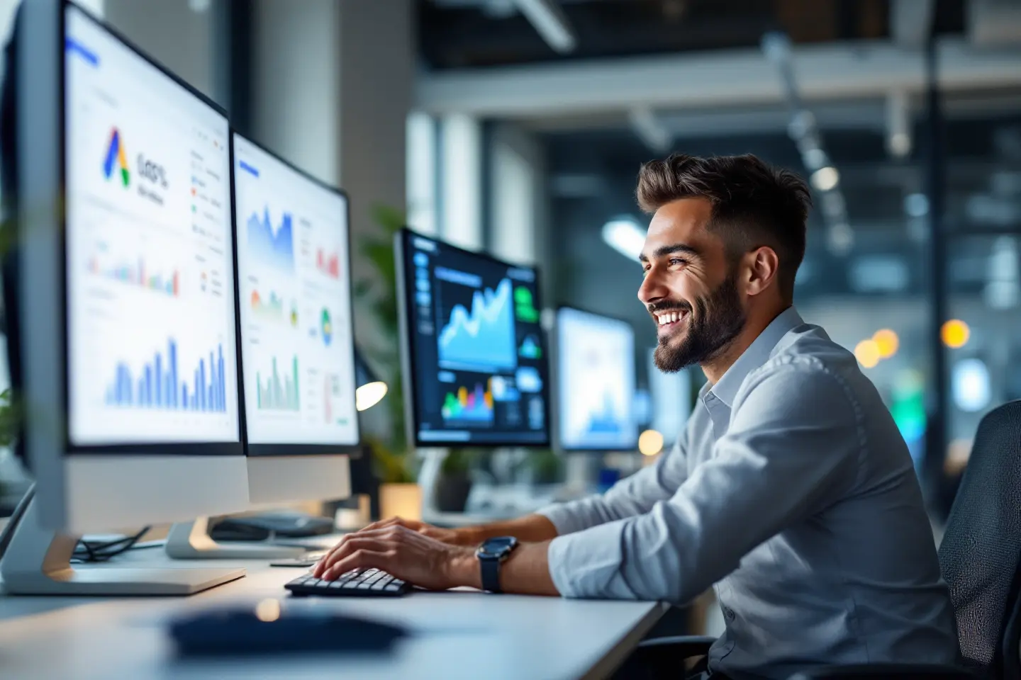Homem sorrindo enquanto analisa dashboards de desempenho em monitores
