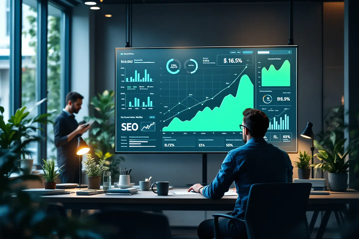 Analista observando painel de desempenho de SEO em grande tela com gráficos e dados de marketing digital em escritório moderno.