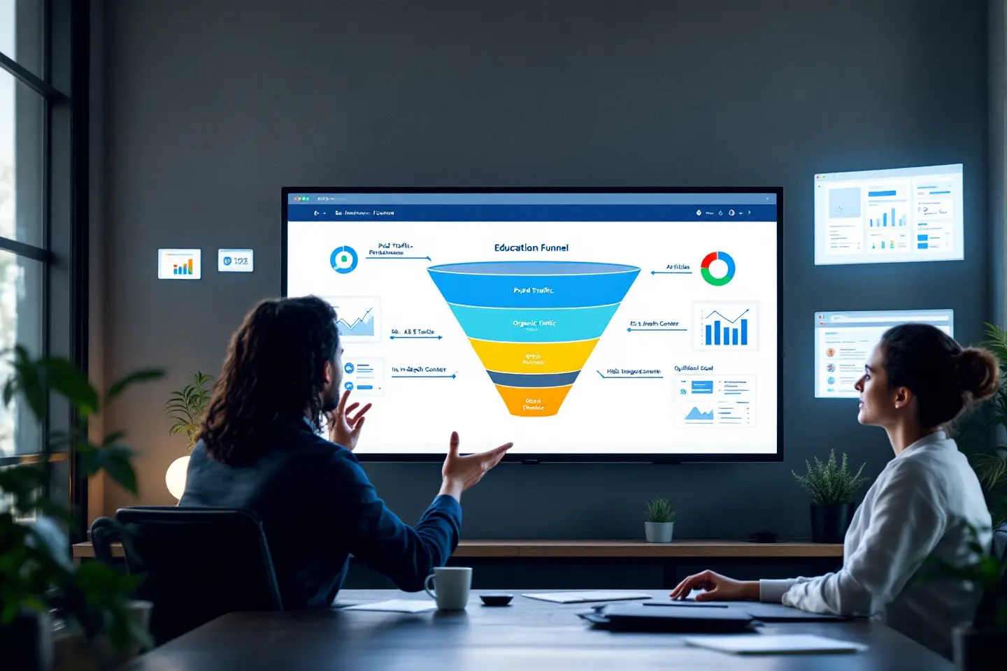 Duas pessoas discutindo relatórios de tráfego pago e orgânico exibidos em tela durante reunião.