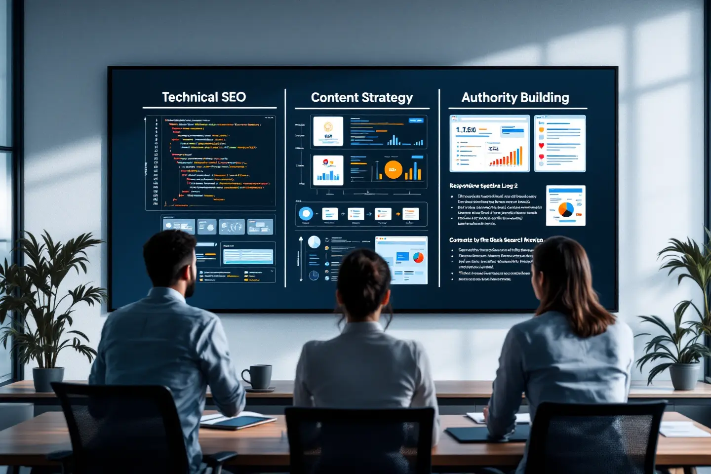 Profissionais analisando painel sobre SEO técnico, estratégia de conteúdo e construção de autoridade em reunião corporativa
