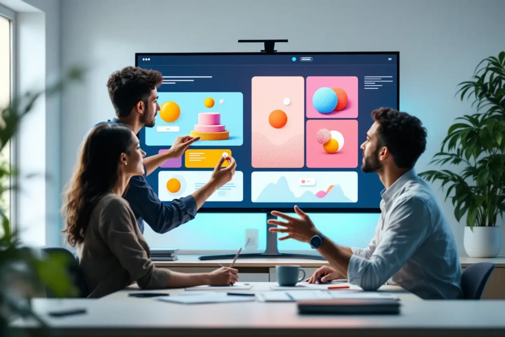 Equipe discutindo layout visual e design de interface em reunião criativa