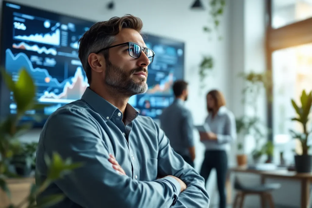 Profissional observando indicadores de desempenho e resultados de campanhas digitais