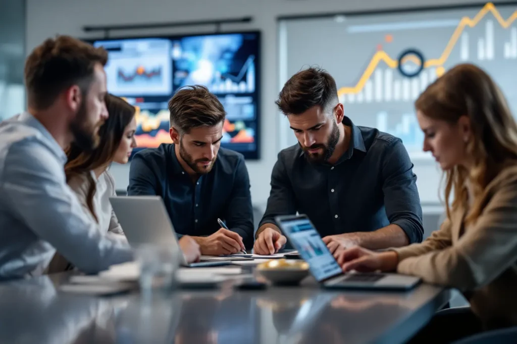 Equipe em reunião estratégica avaliando relatórios financeiros e métricas de marketing