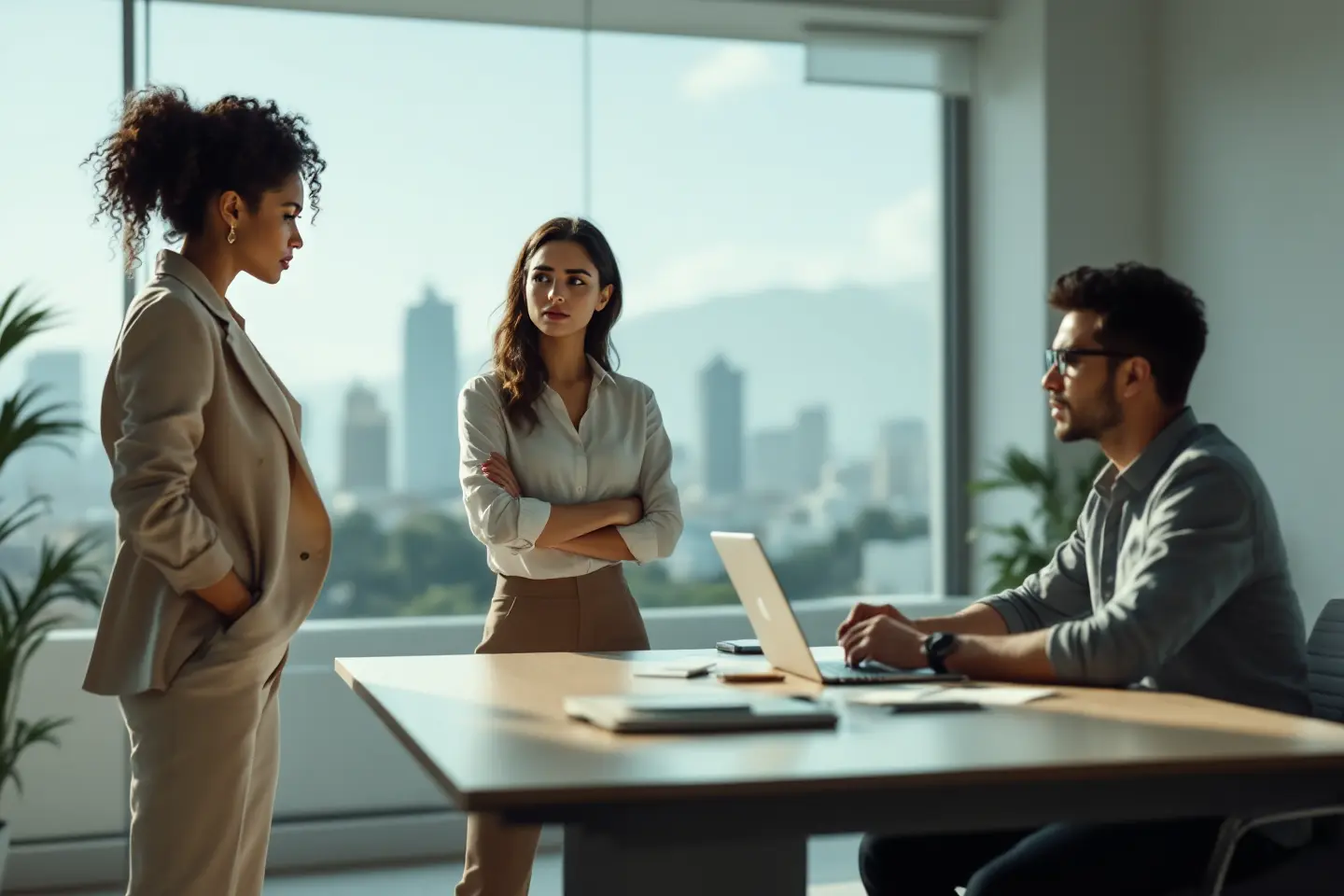 Três profissionais em reunião de negócios, discutindo em um escritório moderno com vista para a cidade
