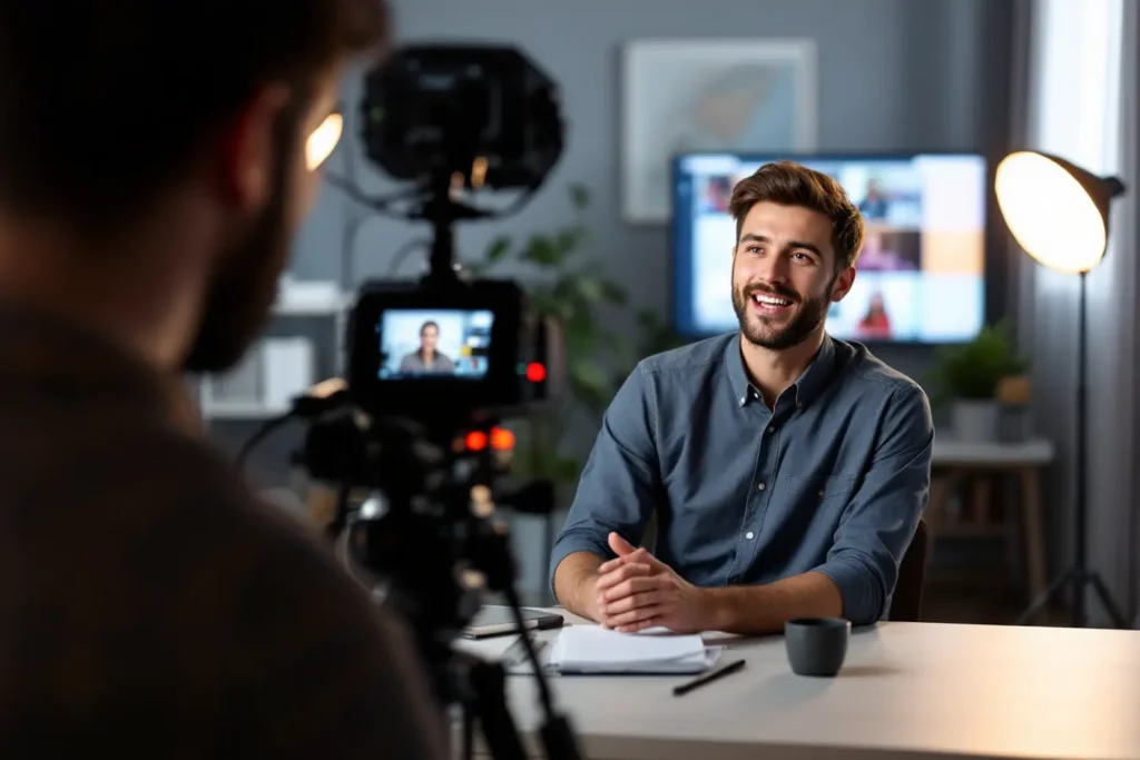 Homem sorridente sendo gravado em estúdio durante gravação de vídeo profissional