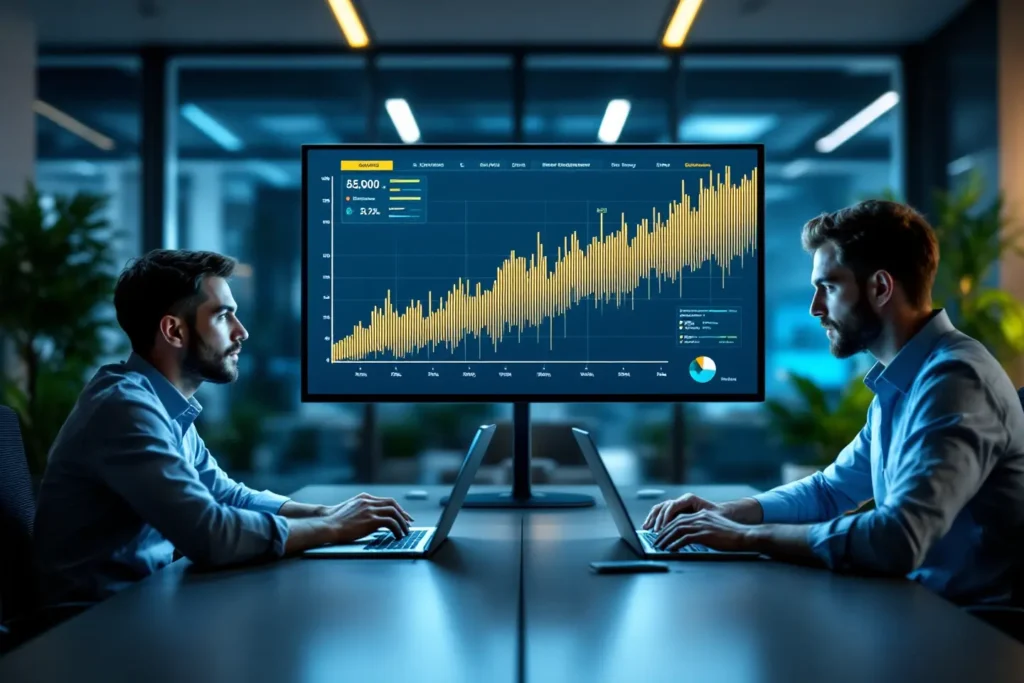 Profissionais comparando resultados e acompanhando gráfico de crescimento em painel digital
