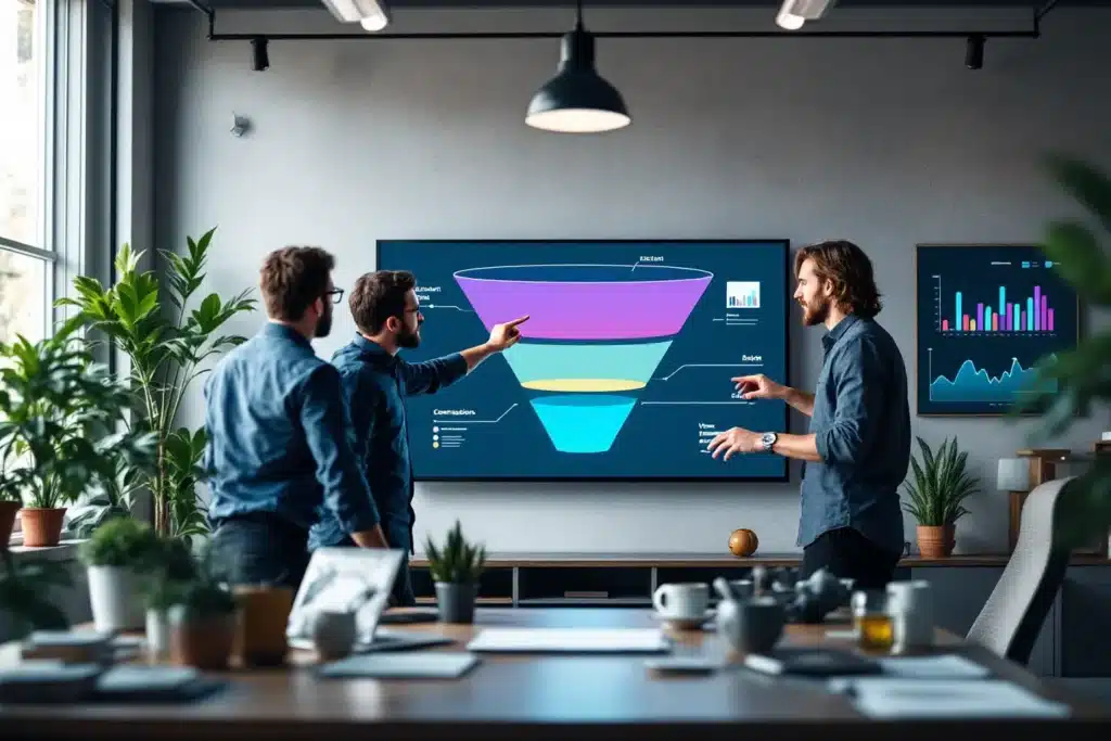 Equipe discutindo estrutura de funil de vendas e conversão em apresentação visual