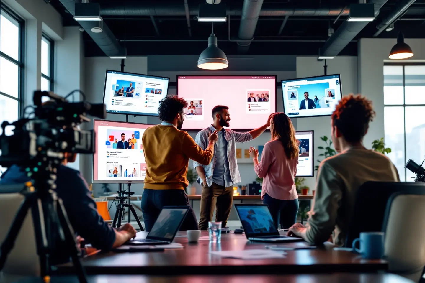 Equipe de marketing em reunião criativa com telas exibindo projetos digitais