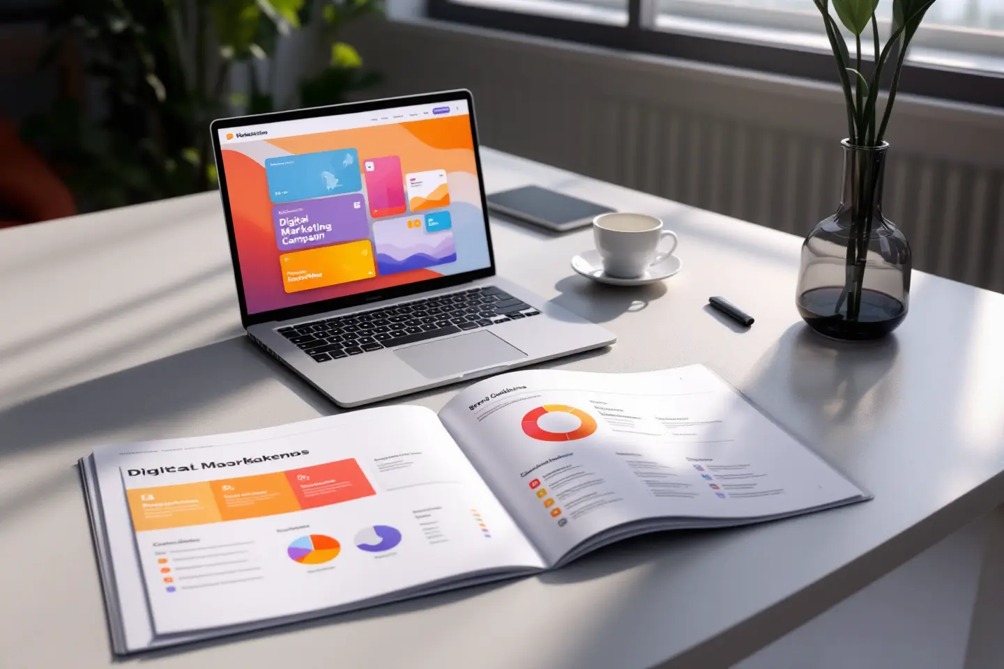 Mesa de trabalho com notebook aberto e manual de marketing digital exibindo gráficos coloridos.