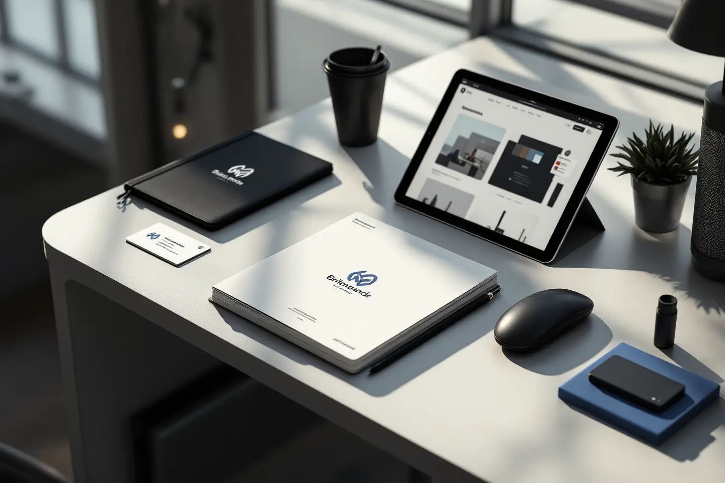 Mesa de trabalho com tablet exibindo site corporativo e materiais de identidade visual com logotipo em destaque