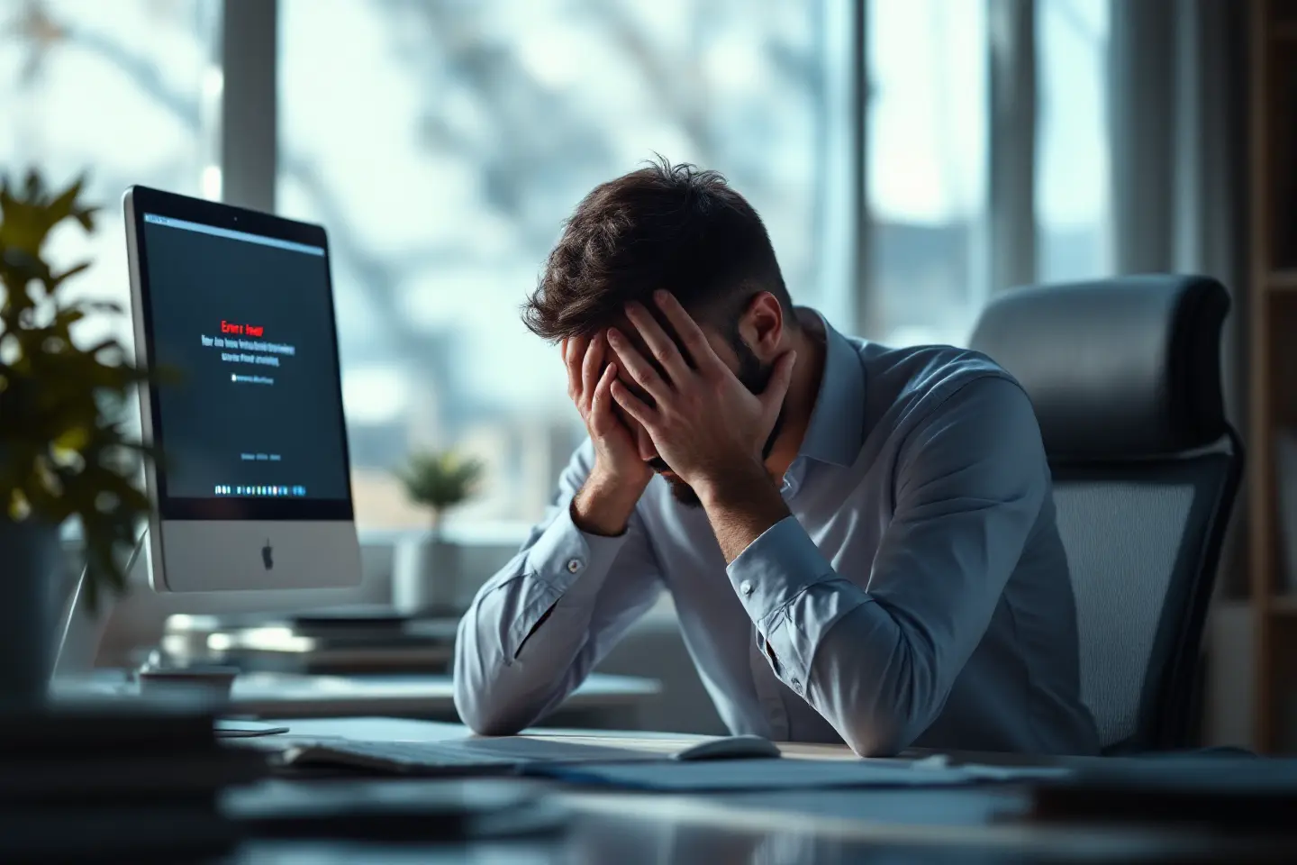 Homem frustrado diante de computador com erro na tela