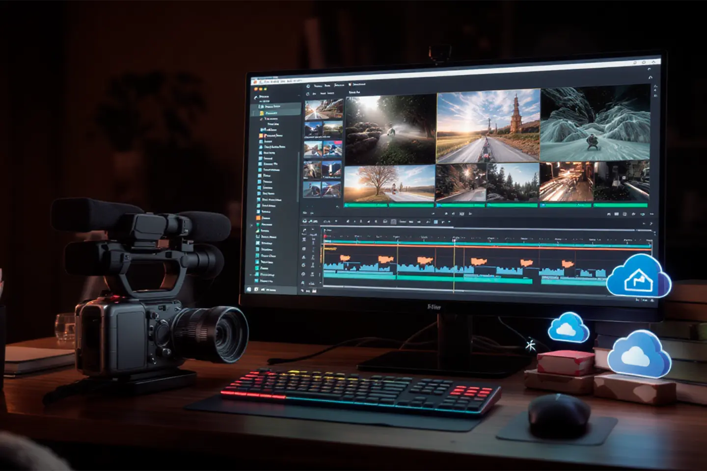 Computador exibindo software de edição de vídeo com câmera profissional sobre a mesa