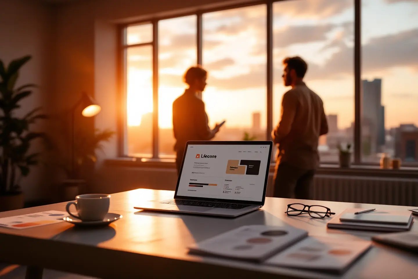 Notebook aberto com layout de marca em uma mesa de escritório ao pôr do sol, com duas pessoas conversando ao fundo.