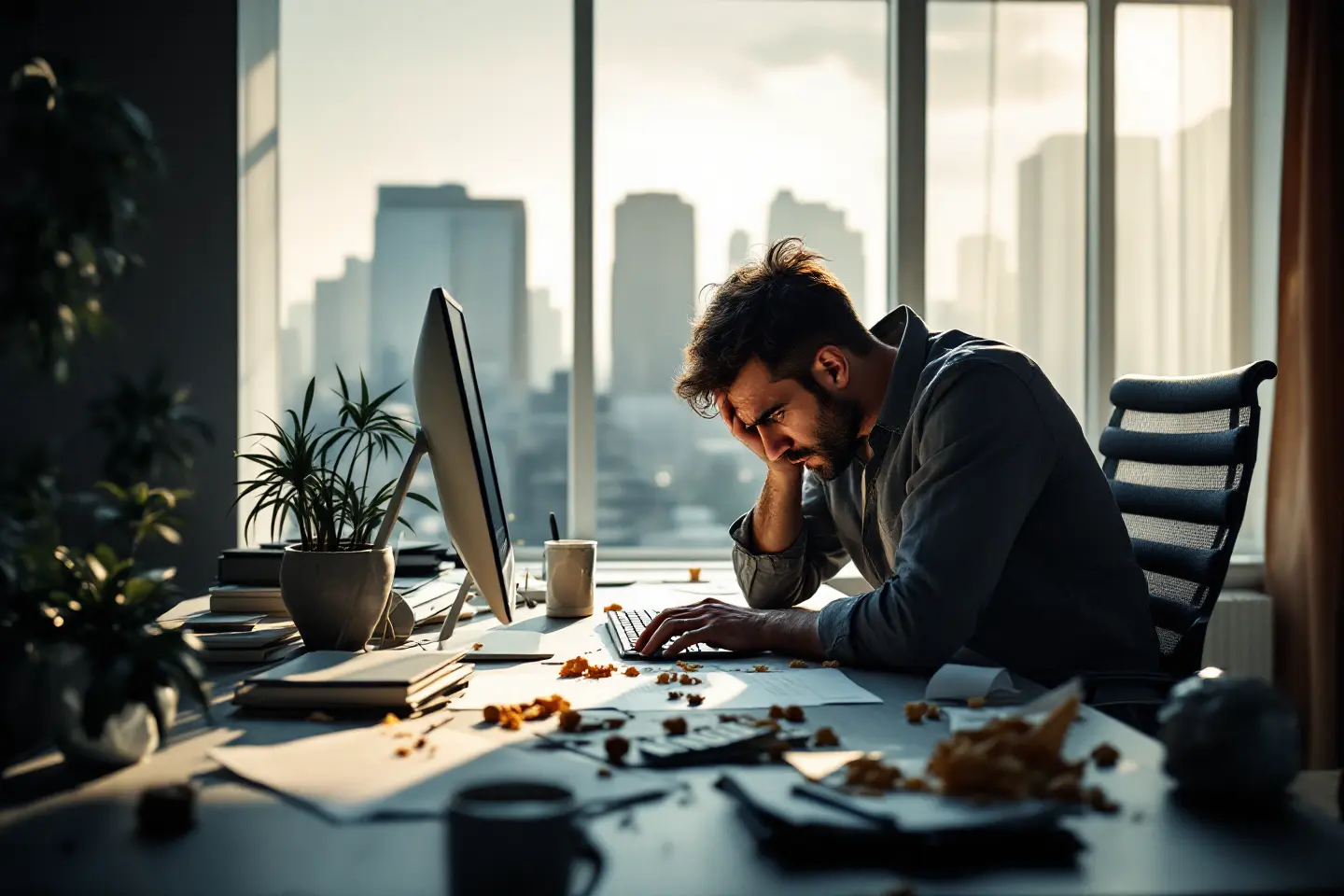 Homem trabalhando concentrado no computador em um escritório ao entardecer