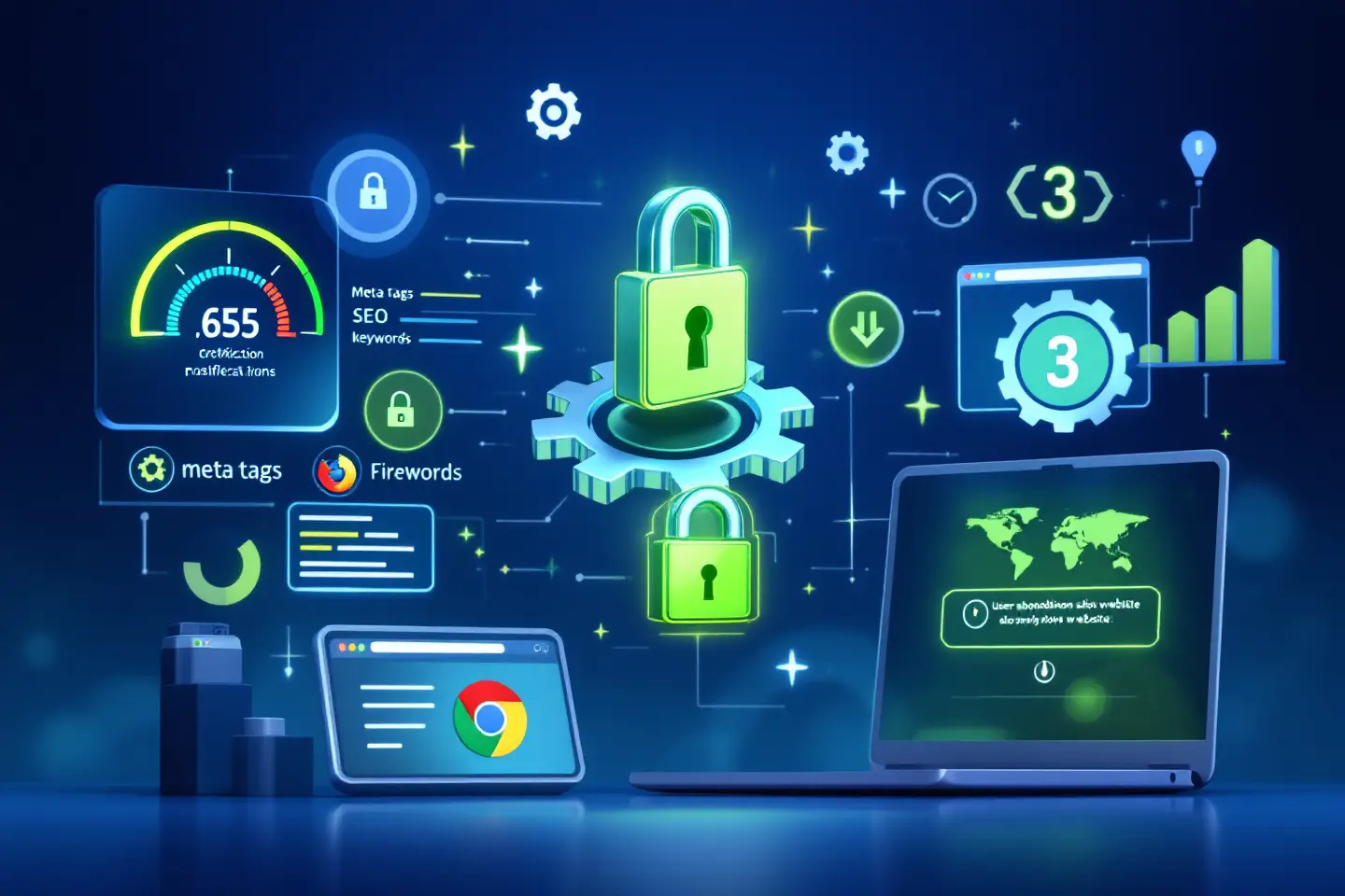 Ilustração digital com ícones de SEO, cadeados de segurança e indicadores de desempenho em ambiente tecnológico.