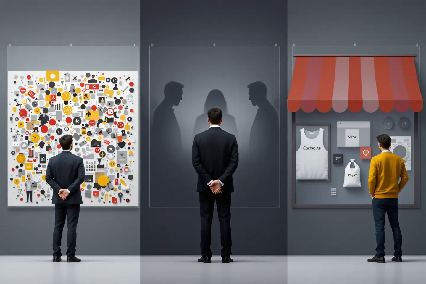 homens observando quadros e vitrine de loja conceitual