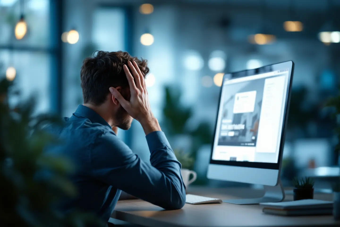 Empresário frustrado com site ineficiente, refletindo erro na escolha do tipo de site.