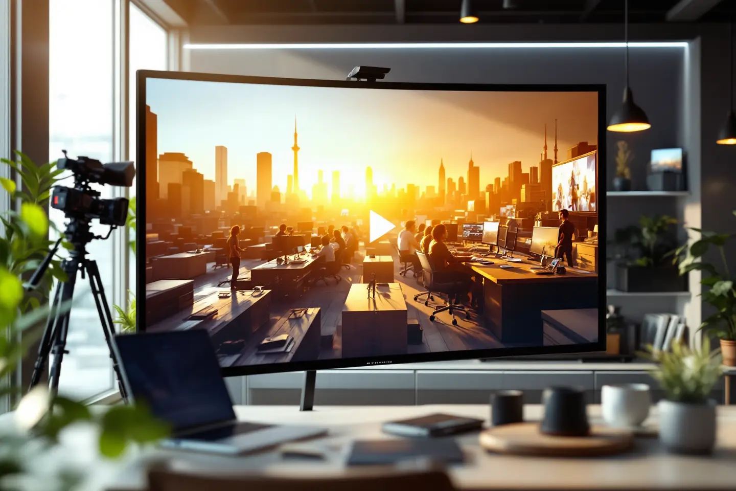Estúdio com câmera gravando vídeo corporativo e tela exibindo equipe reunida ao pôr do sol.