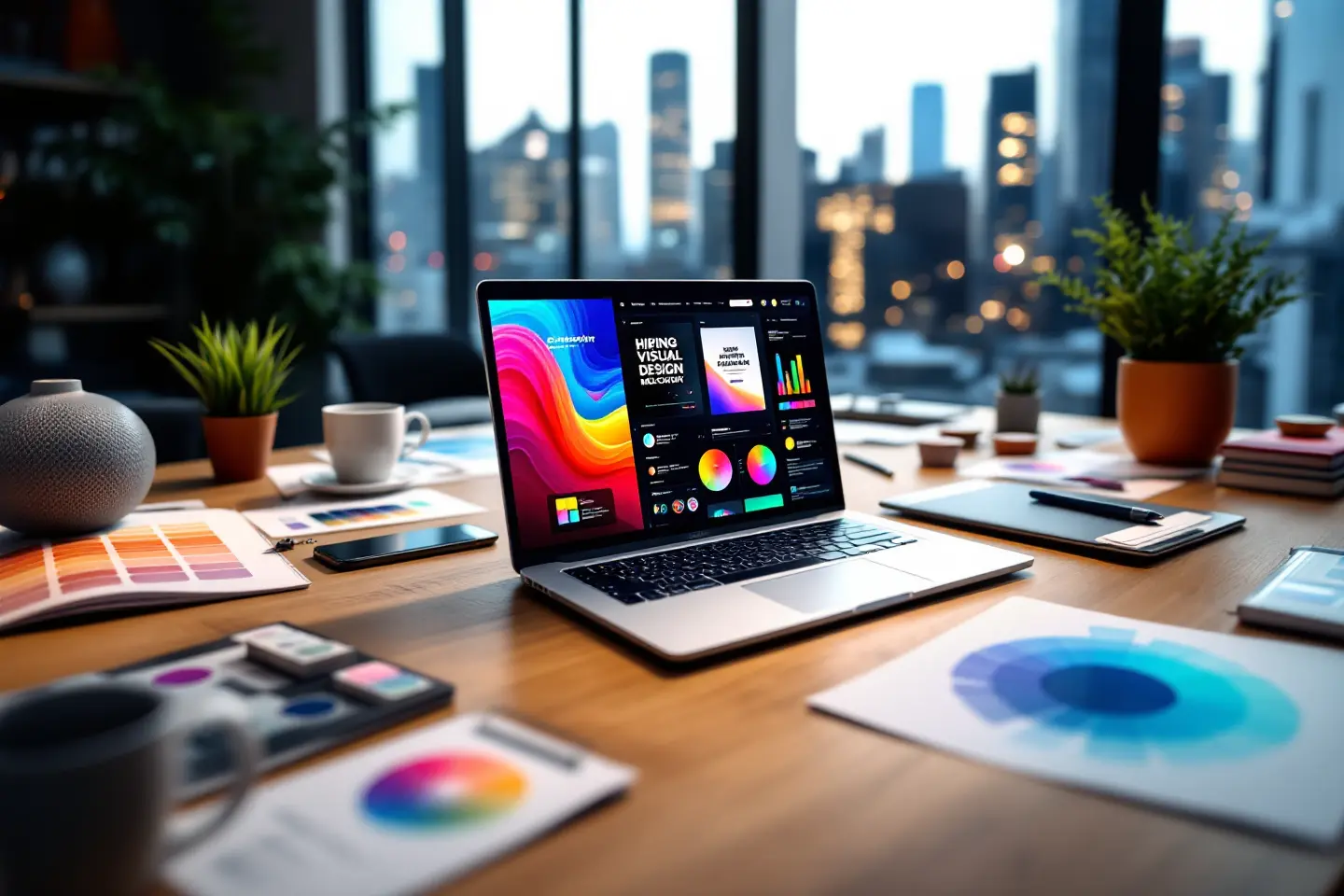 Notebook mostrando tela colorida com gráficos e paleta de cores em mesa de design