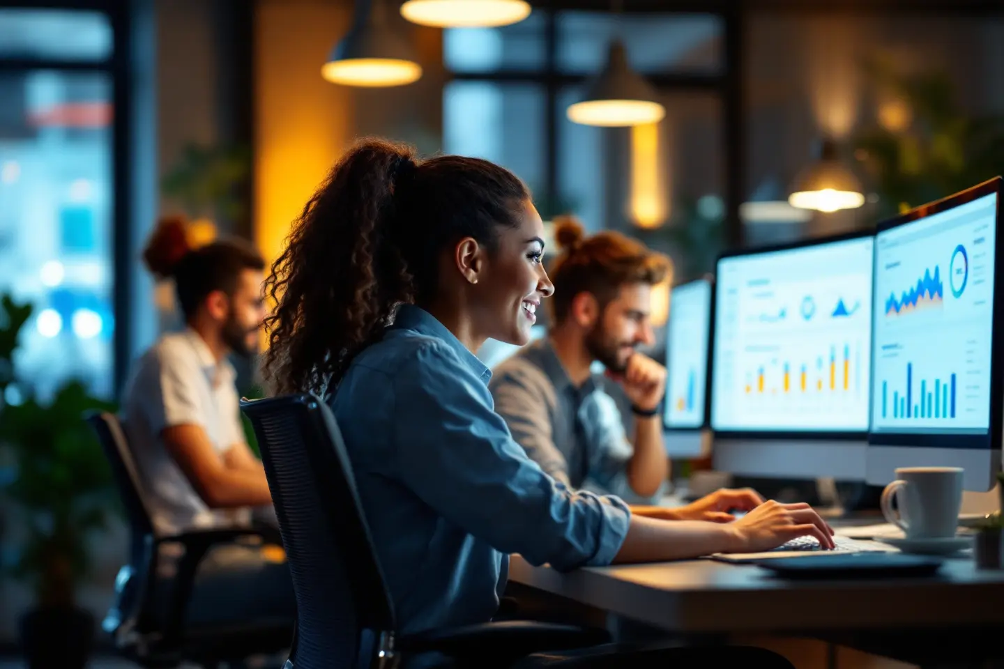 Profissionais analisando dados em computadores em um escritório moderno