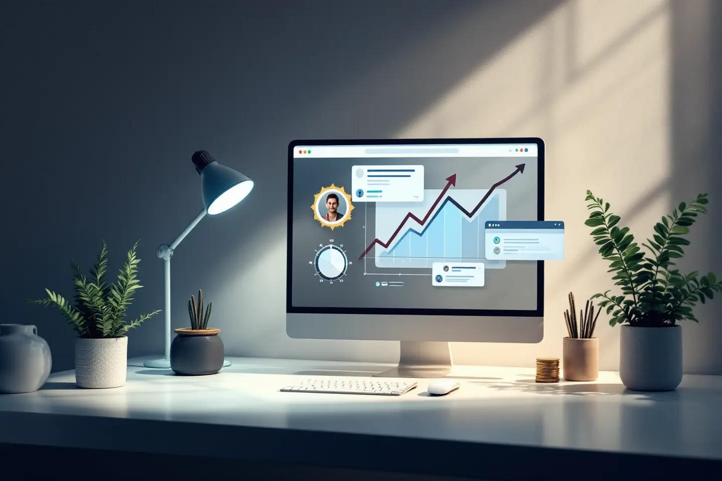 Mesa de trabalho com computador exibindo gráfico de crescimento e elementos de SEO, ao lado de plantas e luminária acesa