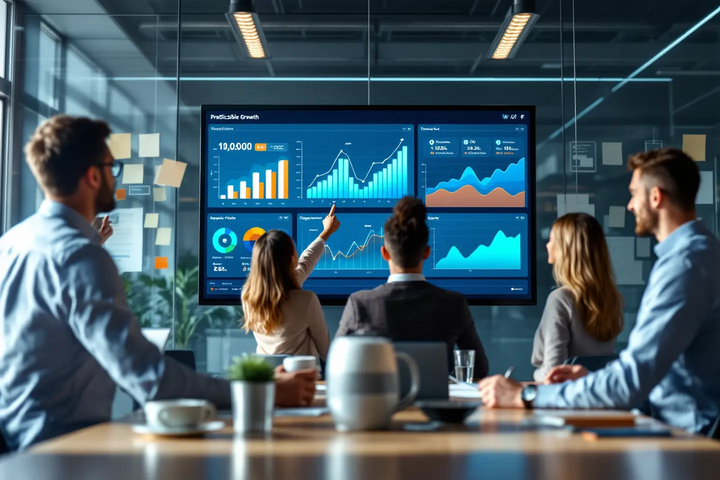 Equipe de marketing observando gráficos de crescimento e desempenho em painel digital corporativo.