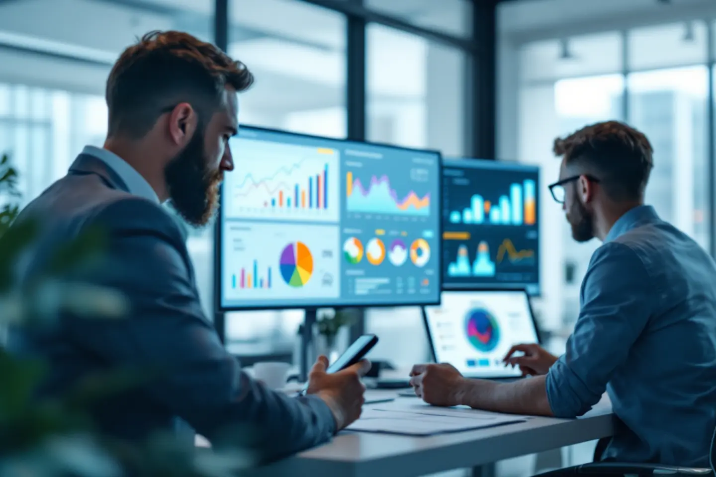 Analistas observando gráficos e métricas de desempenho em monitores durante análise de SEO e marketing digital