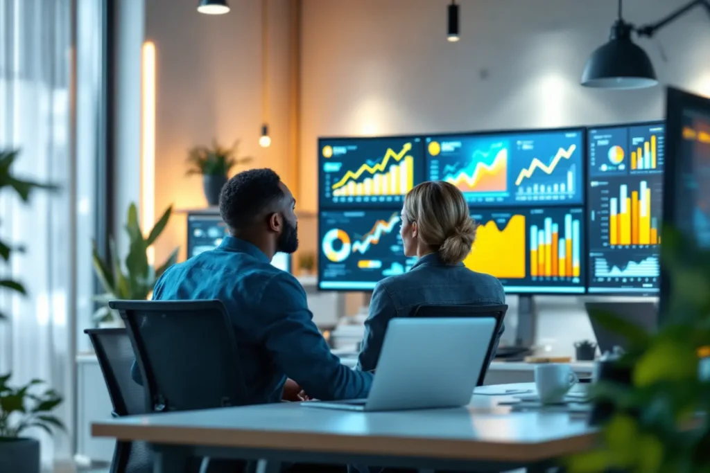 Profissionais analisando gráficos de desempenho e métricas em monitores corporativos
