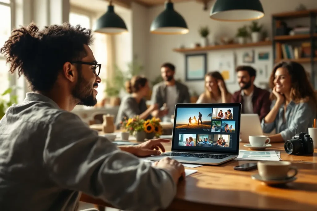 Profissional criando conteúdo estratégico em ambiente de trabalho descontraído com a equipe ao fundo