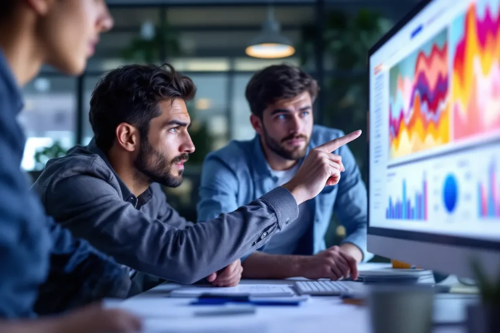 Profissionais discutindo resultados e otimizando campanhas com base em dados de desempenho em tela