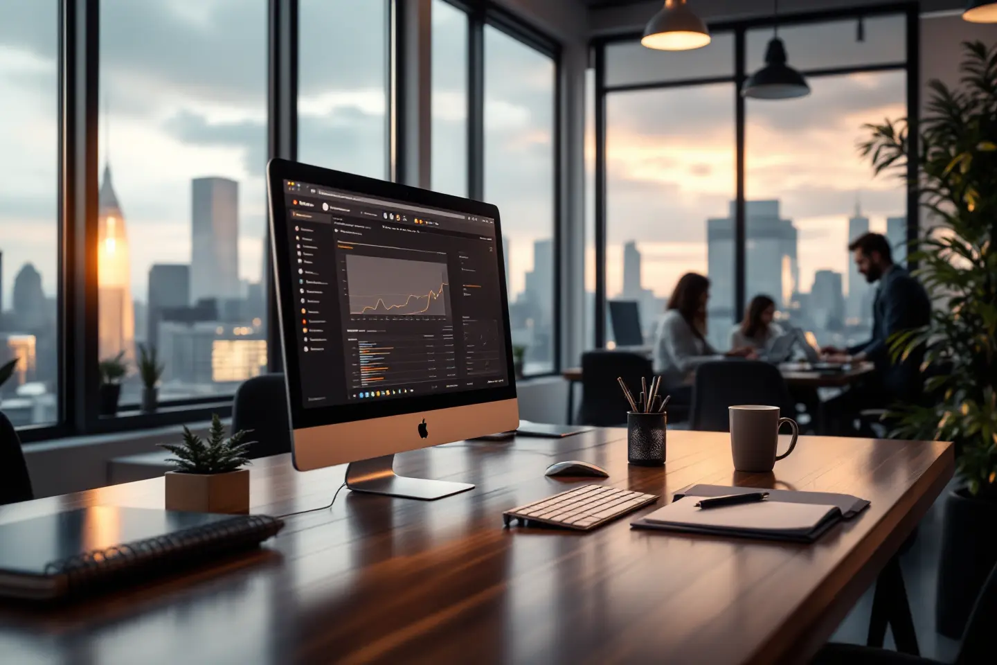 Computador com gráficos de desempenho em tela sobre mesa de escritório, com equipe reunida ao fundo ao entardecer