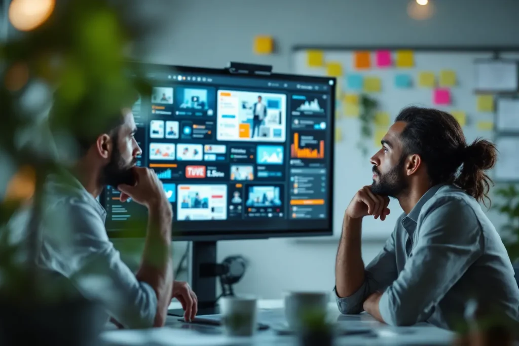 Dois profissionais observando painel de desempenho e planejamento de marketing digital