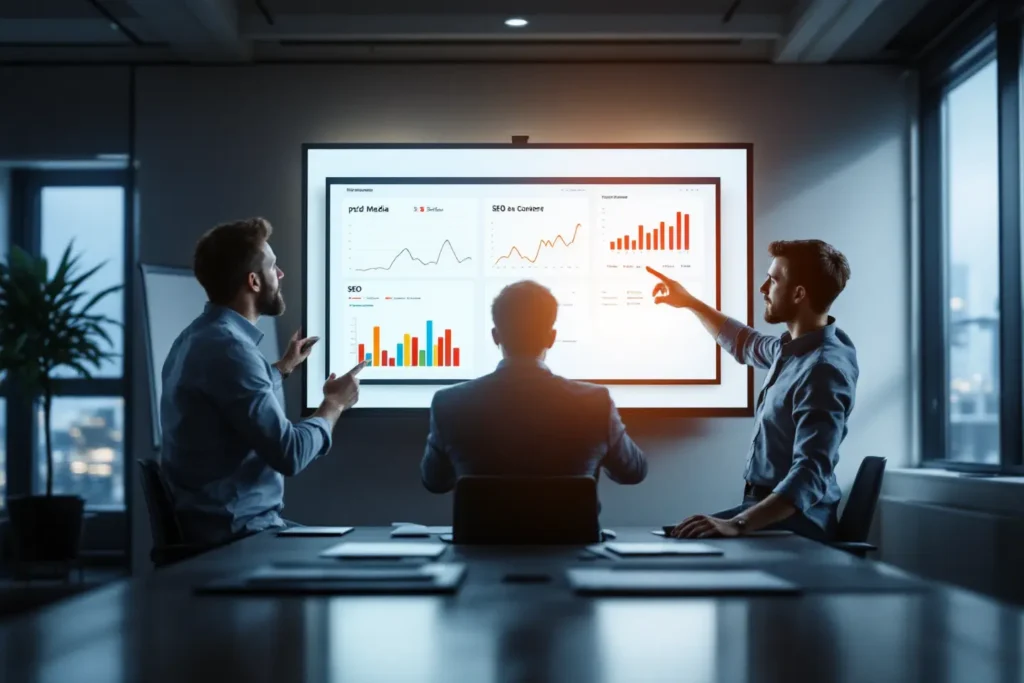 Equipe discutindo estratégias de marketing e performance com base em relatórios apresentados em tela